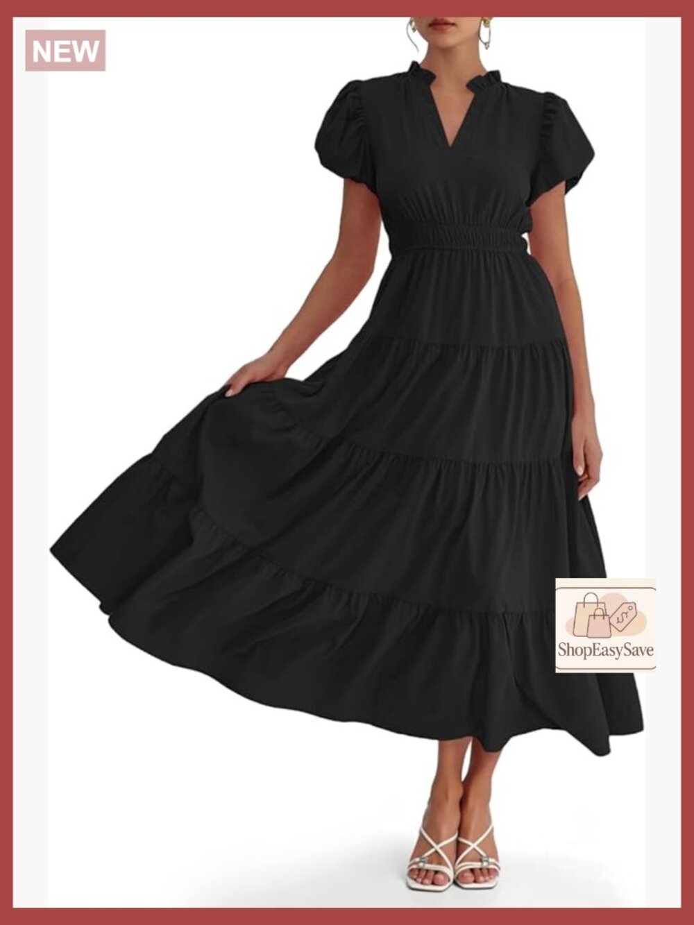 Summer Midi Dress Puff Sleeve V Neck Flowy Tiered A-Line Elegant Chic